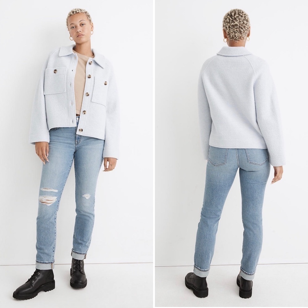 Madewell New Crop Sweater Shirt Jacket Mornig Mist Blue Shacket NWT Large